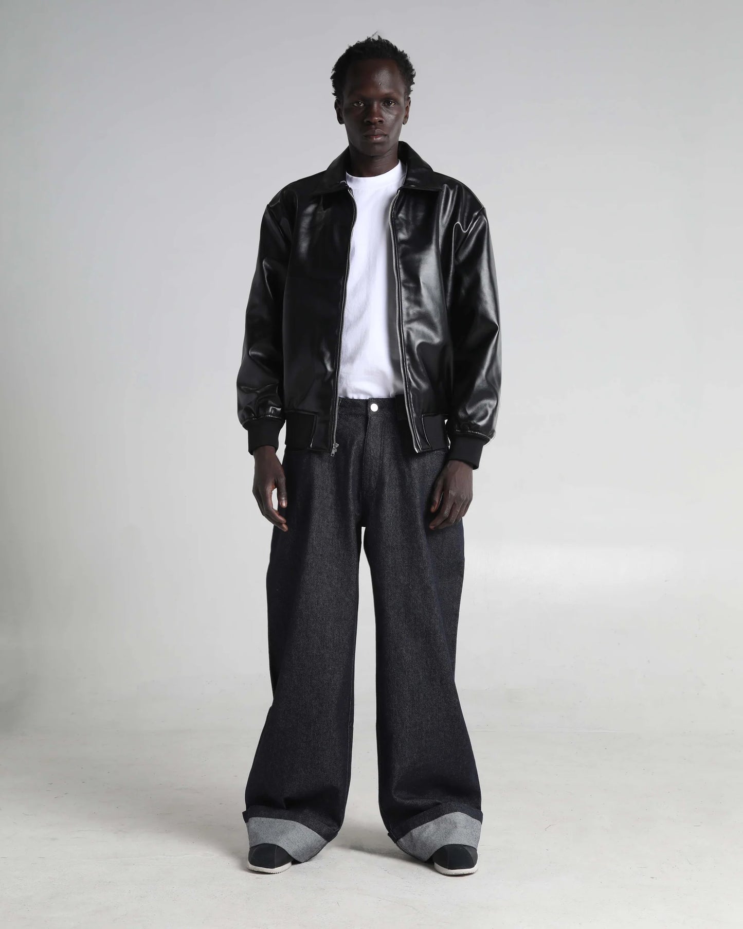 PU LEATHER COLLARED VARSITY JACKET