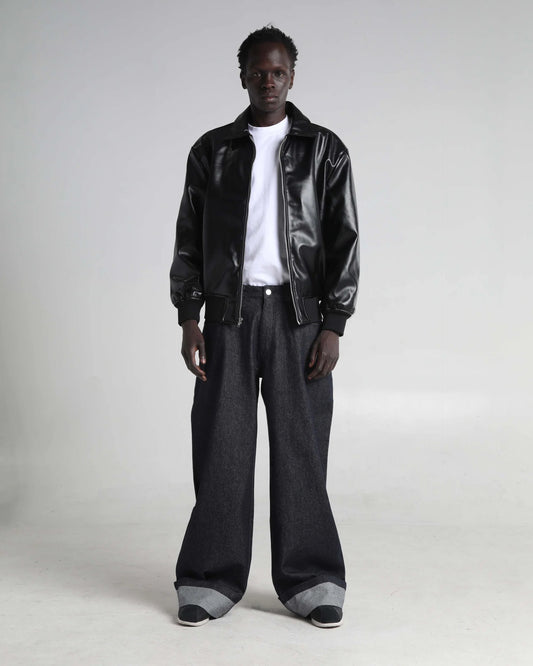 PU LEATHER COLLARED VARSITY JACKET