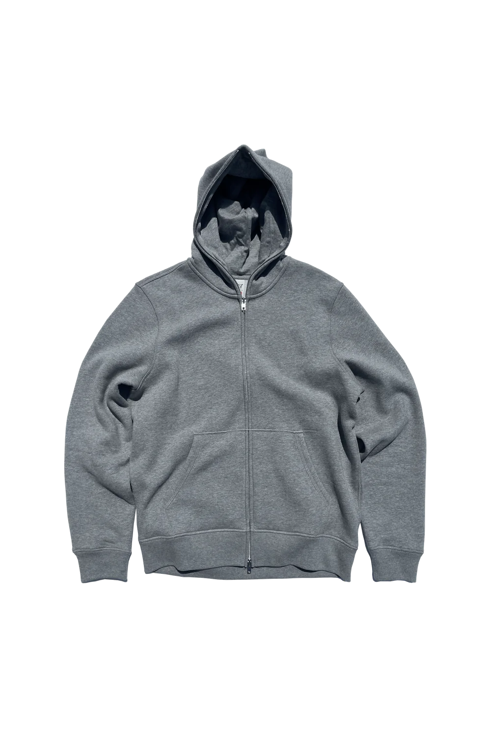 A MADE BLANKS gray full zip hoodie with the hood up, displaying a chrome zipper.