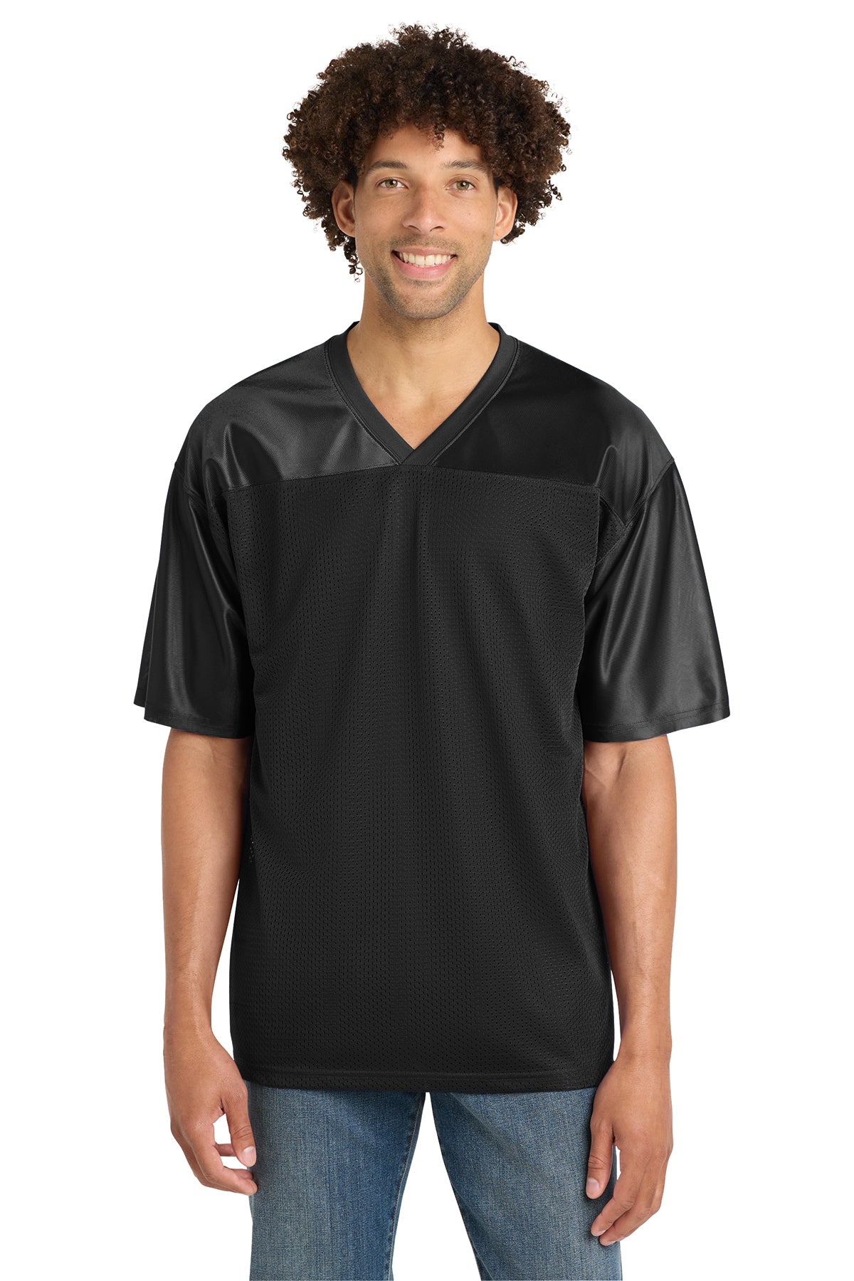 Sport-Tek ST307 PosiCharge Replica Jersey in Black, front view on model
