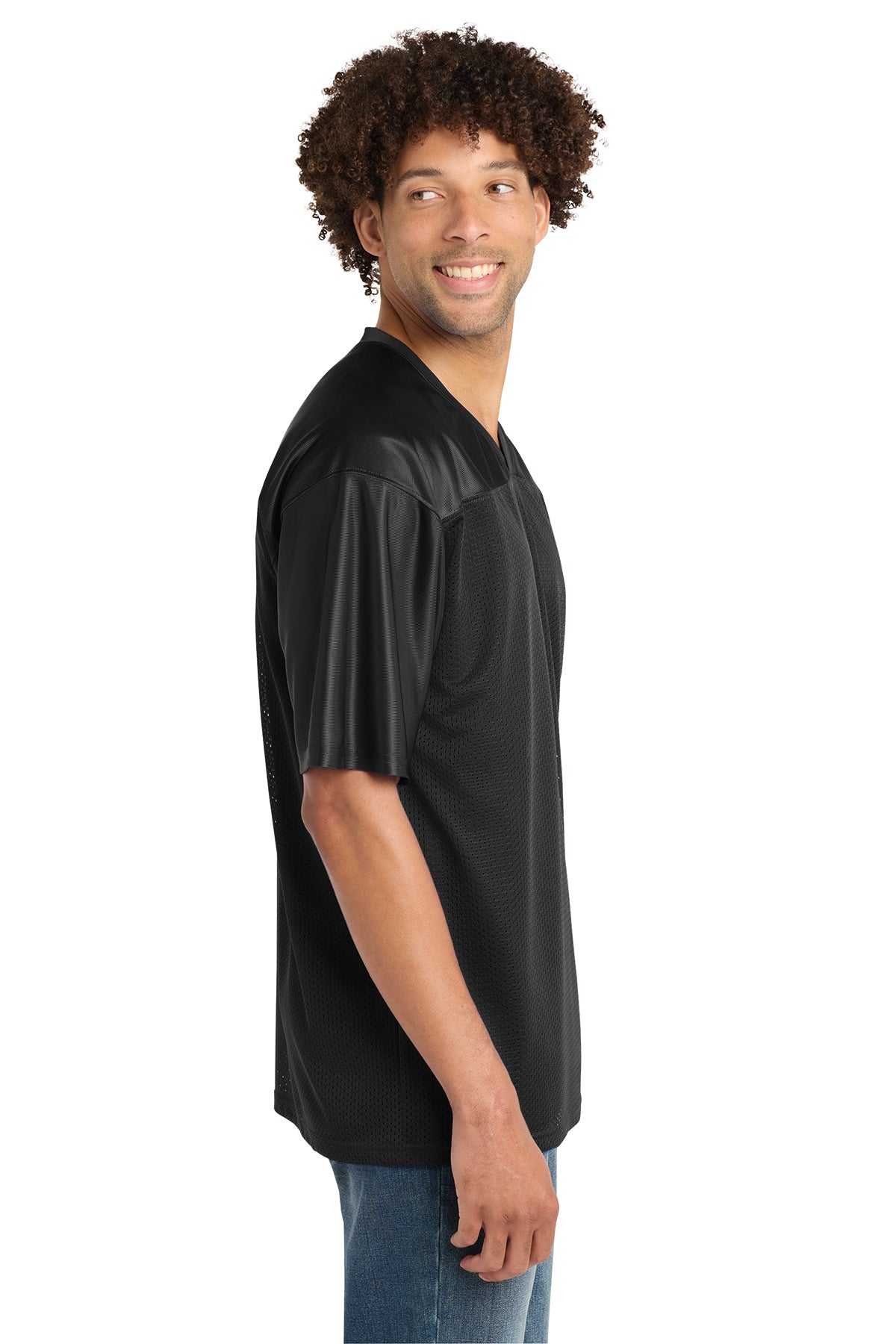 Sport-Tek ST307 PosiCharge Replica Jersey in Black, side view on model